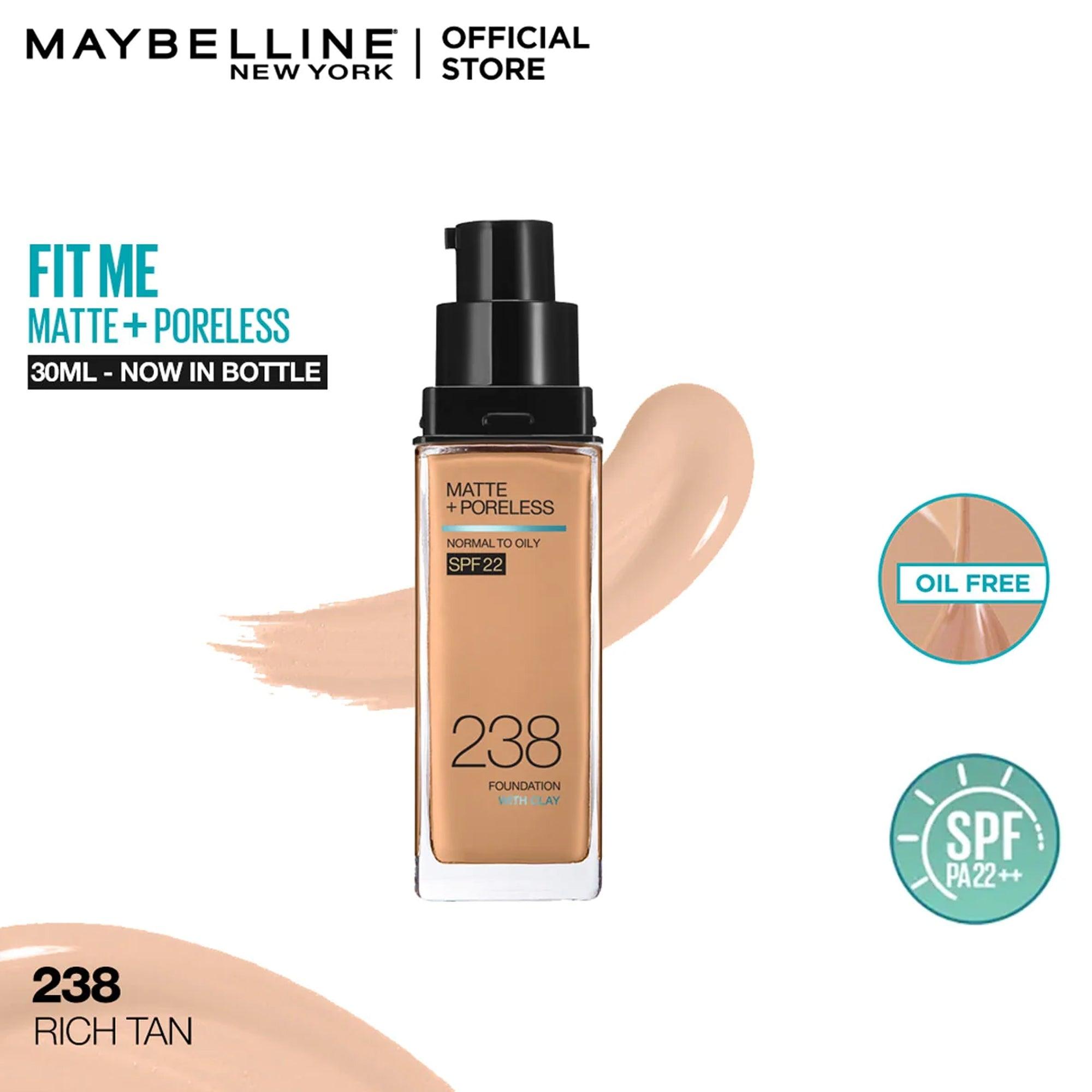 Maybelline Fit Me Matte+Poreless Liquid Foundation With Clay Normal to Oily SPF 22 238 Rich Tan 30ml